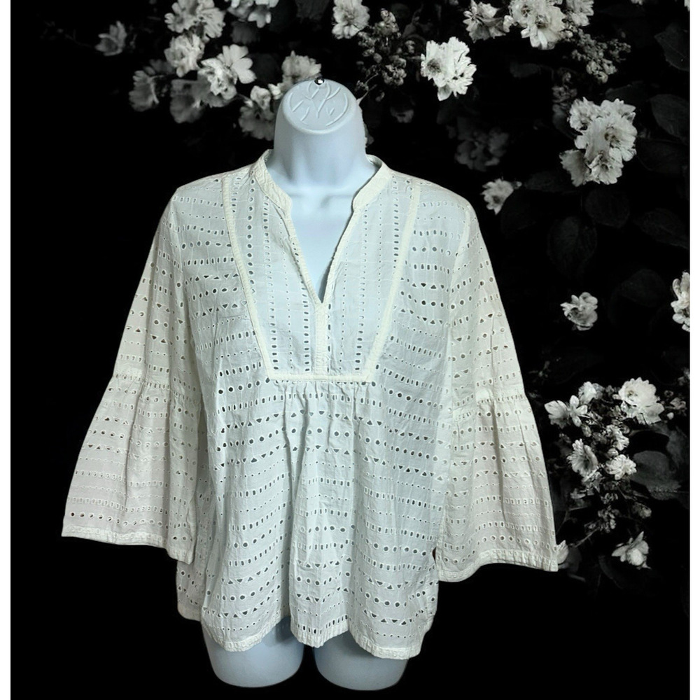 Ann Taylor LOFT White Eyelet Peasant Blouse Sz S Long Bell Sleeves V-Neck Top - Picture 2 of 6